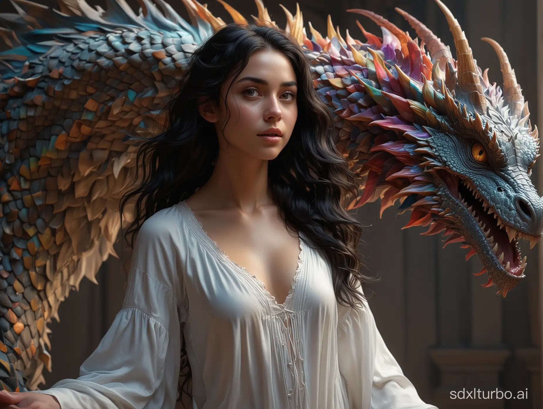 A beautiful young woman with black long hair wavy at the ends, dressed in a  nightgown, (((looks in the eyes))) of  a very beautiful huge dragon with  colorful scales  lifting her head up and smilind , perfect composition, beautiful detailed intricate insanely detailed octane render trending on artstation, 8 k, photorealistic concept art, soft natural volumetric cinematic perfect light, chiaroscuro,  masterpiece, caravaggio, greg rutkowski