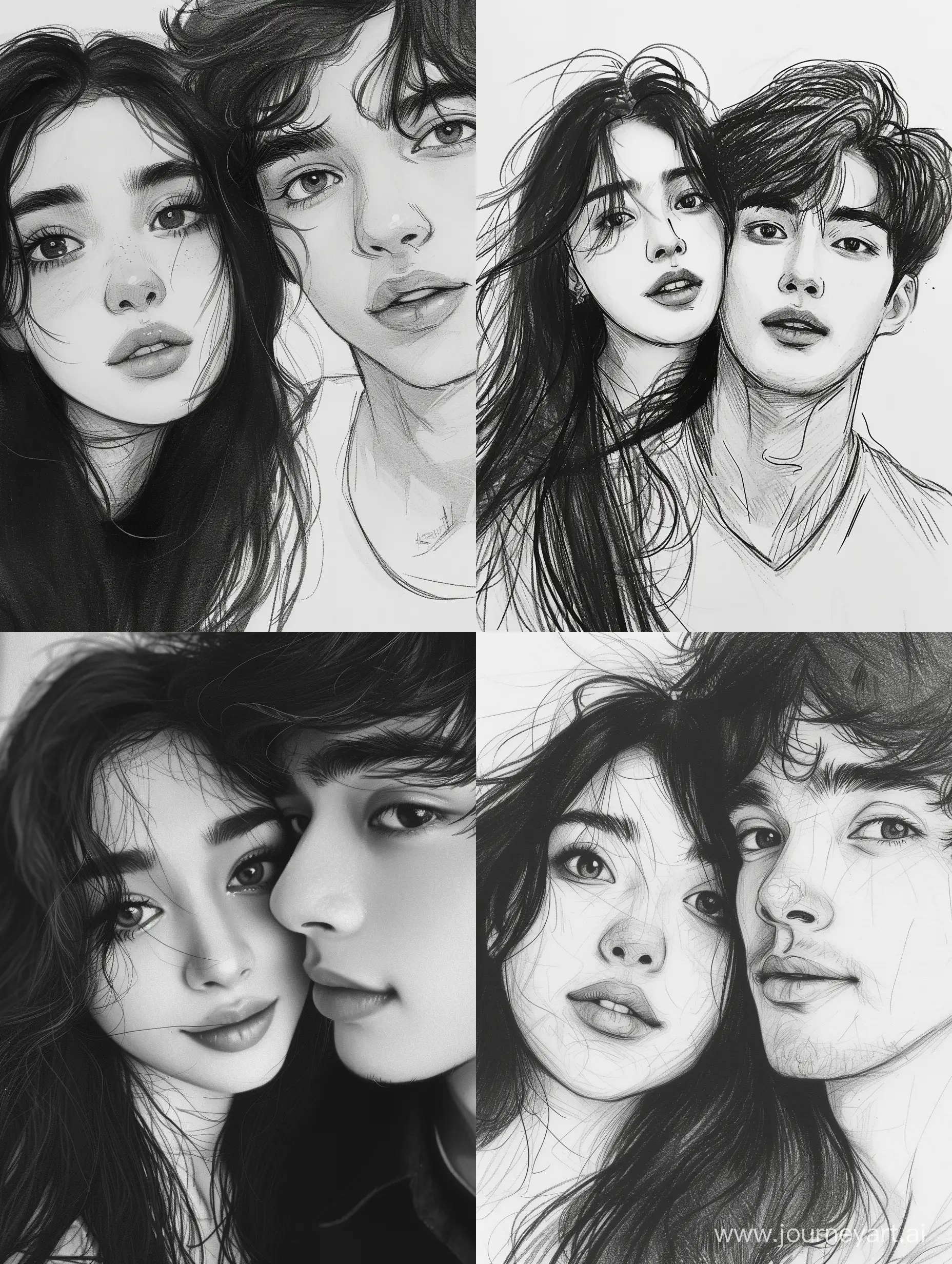 an asian couple, sketched drawing, matisse style, the girl  Bangladeshi has beautiful eyes and her hair is long length, her hair is black and cool style, her nose is short and little wide, wide lips, the boy has Bangladeshi hairstyle, very handsome, in 4k quality, girl is cute vibes with sexy eyes and beautiful