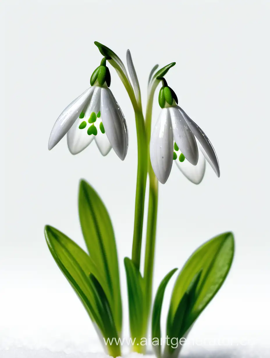 Vibrant-Snowdrop-Wild-Flower-in-8K-All-Focus-with-Fresh-Green-Leaves-on-White-Background