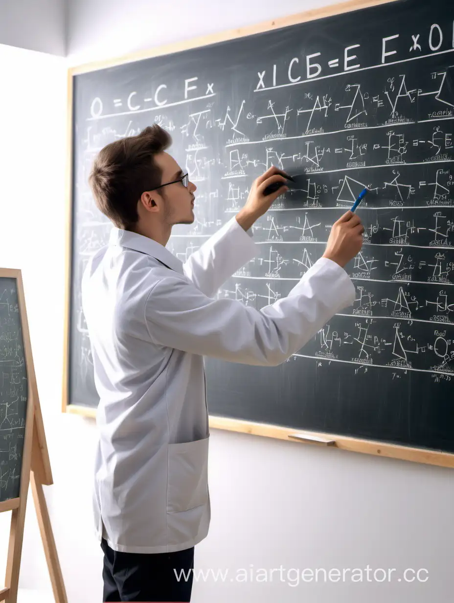 Молодой ученый в светлом интерьере рисует формулы на доске 