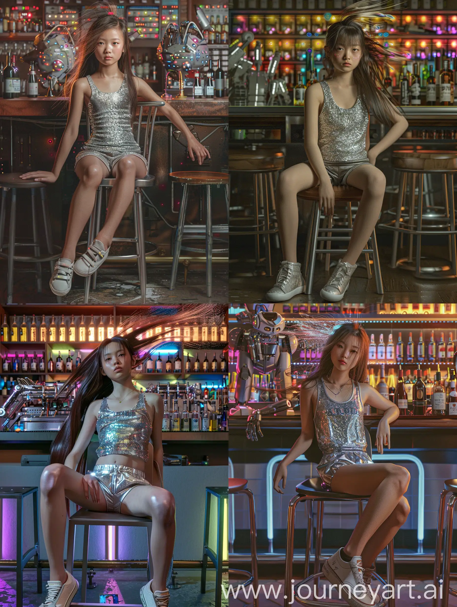 Realistic image of an Asian girl sitting on a high chair, a simple bar-style chair, the girl wears a sparkling silver tank top, short sports pants, her arms resting on the chair, her feet wearing canvas shoes, professional styling career, looking from the front, she has long thin hair flying randomly, behind her is a bar with many bottles of wine, the staff is a humanoid metal robot mixing, the light from many LED lights mix to create many artistic colors