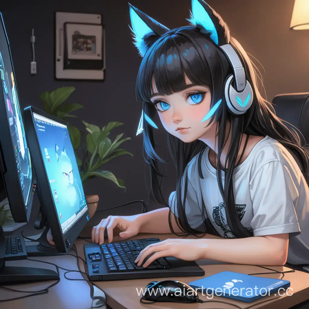 девушка с голубыми глазами,темные волосы,кошачьи ушки,играет в компьютер