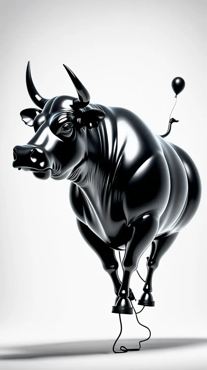 Imagine a vibrant, deflated black bull balloon slowly losing its air. air coming out from its behind. As it deflates, the once proud and buoyant figure begins to sag, losing its shape and energy. white background