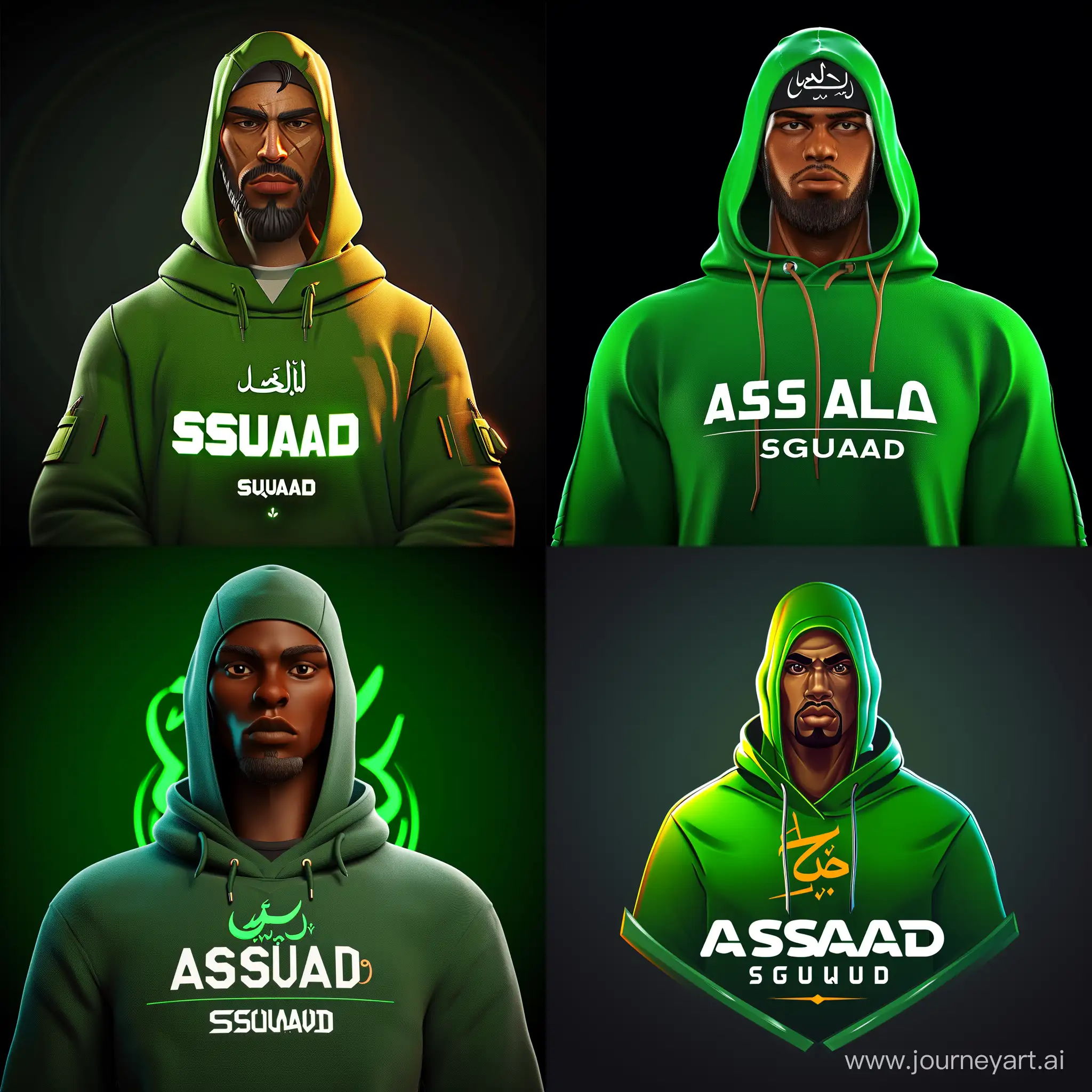an higly detailed esports 3D logo of a Muslim Man wearing songkok in a green hoodie | the text ASSALAM is under the logo SQUAD