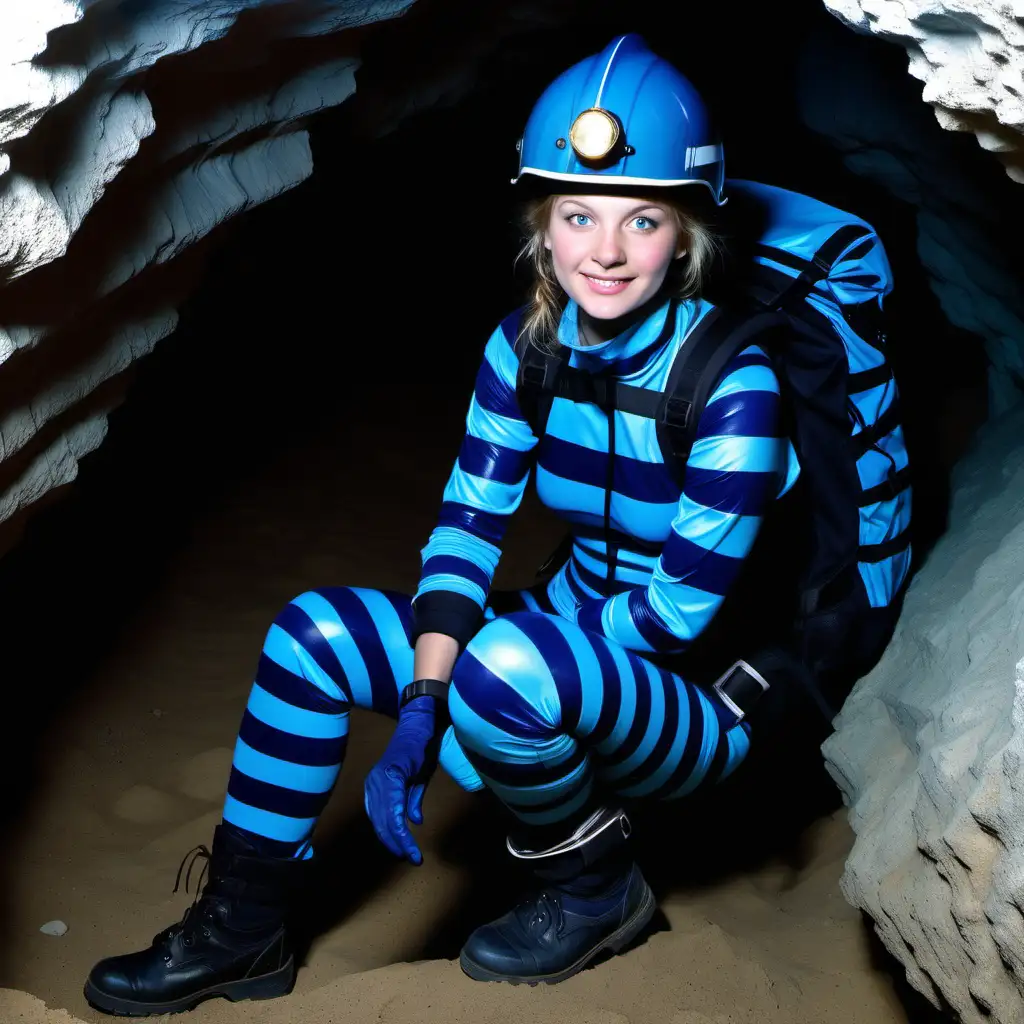 pretty young woman, full navy blue pacific blue horizontal striped costume,  full navy blue pacific blue horizontal striped rachet helmet, head lamp, navy blue pacific blue spelunking shoes, backpack, gloves, binding harness, cave