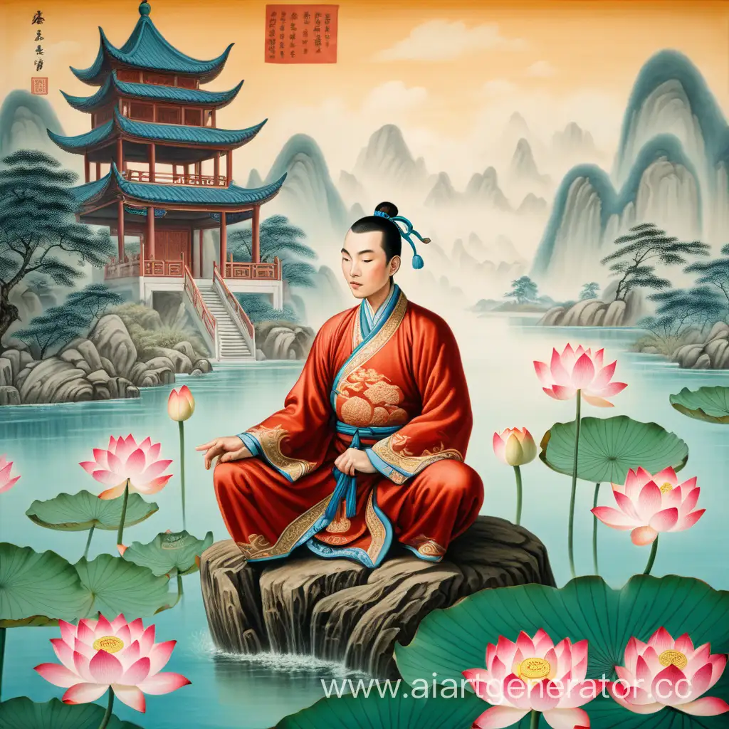 Serene-Chinese-Man-Sitting-on-Lotus-in-Beautiful-Surroundings