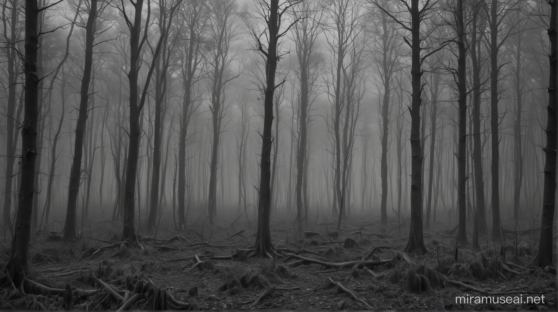 make a preview with forest in gray tones and description "Mysterious woods" in scary and horror style