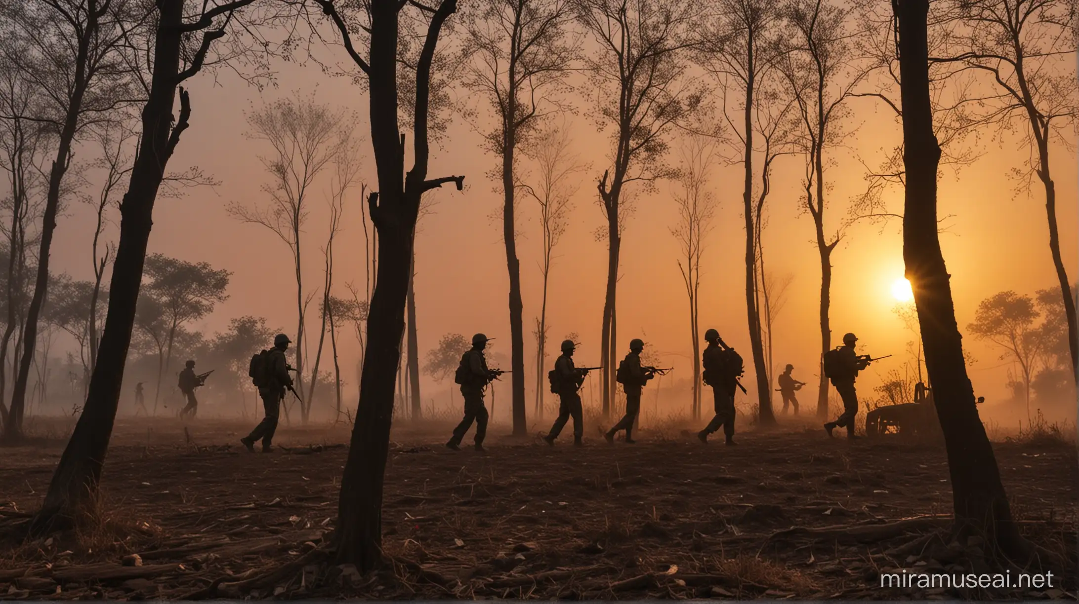 Naxalite attack on indian army in forest, sunset behind, image should be in shadow,
