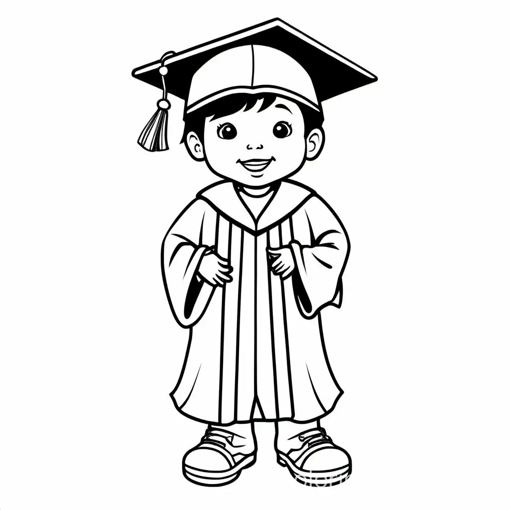 preschool aged  Asian child wearing a cap and gown for graduation, black and white, line art, white background, Coloring Page, black and white, line art, white background, Simplicity, Ample White Space. The background of the coloring page is plain white to make it easy for young children to color within the lines. The outlines of all the subjects are easy to distinguish, making it simple for kids to color without too much difficulty