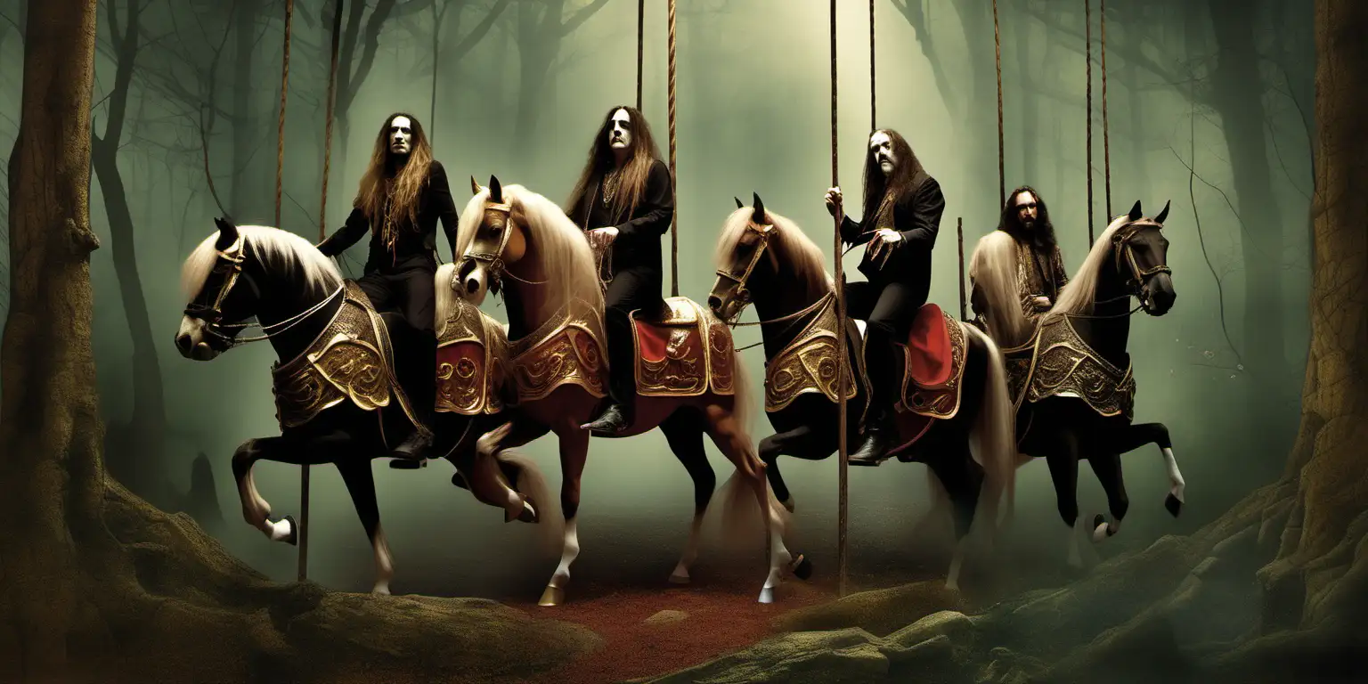 a pagan rock band , they have long hair & are in an ancient forest they are riding on a circus carousel