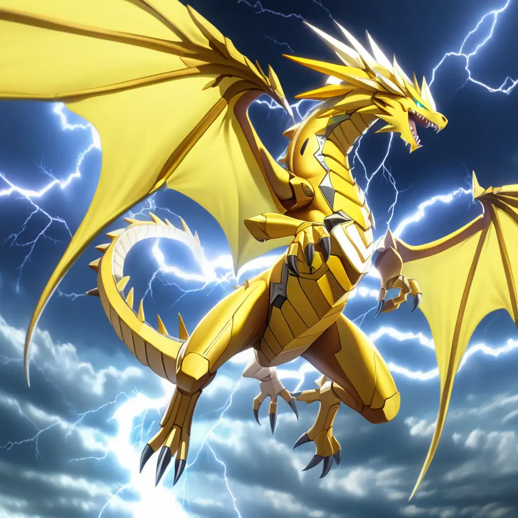 anime lightning wyvern, dynamic pose, intense, high energy, view from below, no arms, yellow theme, cartoonish, giant wings, wings tucked and folded, diving