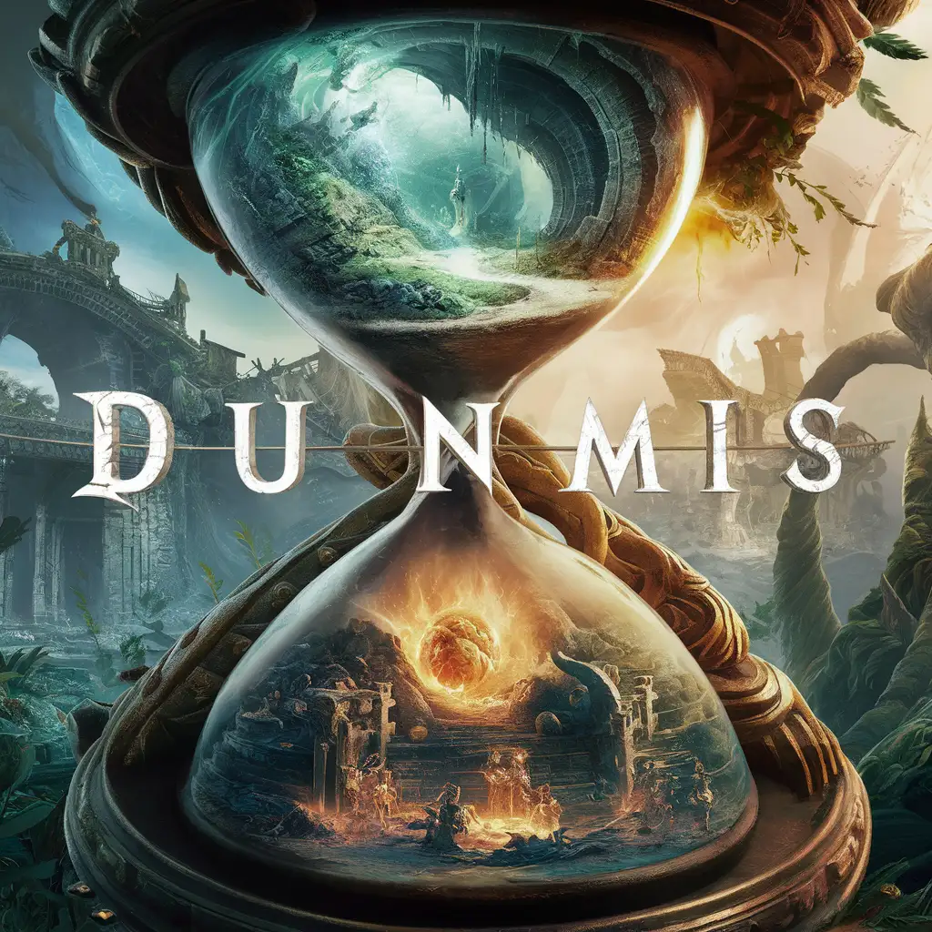 PRIMORDIAL FANTASY WORLD INSIDE HOUR GLASS VIDEO GAME LOGO COVER ART WITH THE LETTERS "DUNAMIS" ACROSS GAME COVER ART, TIME WARPPING RUINS DUNGEONS NATURE ENVIRONMENTS