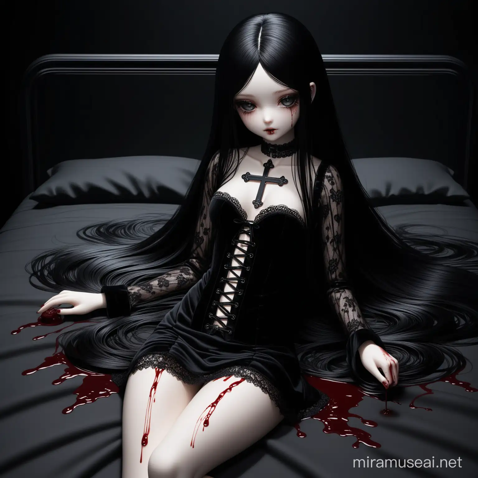 Hyperrealistic Jointed BJD Doll with Foxy Eyes and Long Black Hair on Black Bed