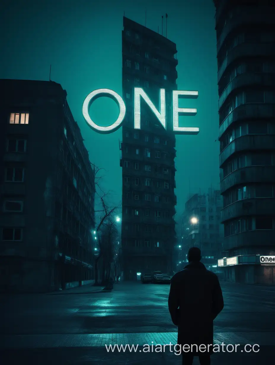 a sign with the inscription "one" on the building, which is located on the horizon in the city center. A man stands in the distance and looks at all this. in the style of futurism and cyberpunk. Everything happens at night and everything glows