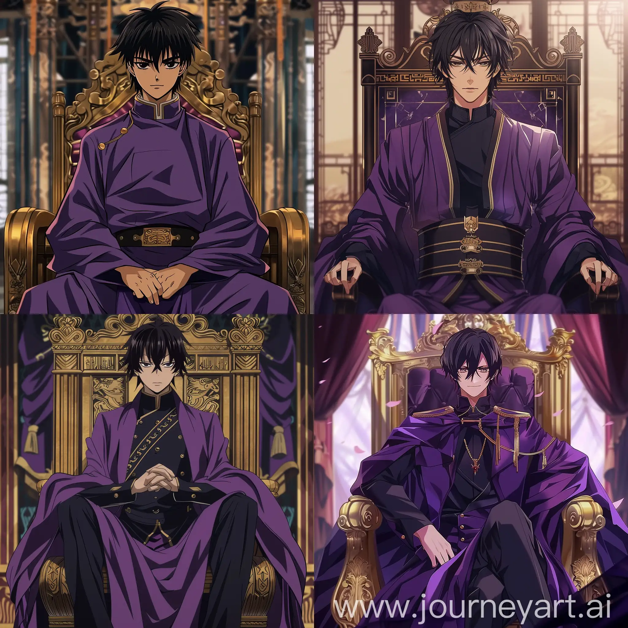 anime aesthetics, young man 27 years old, black hair, black eyes, sitted on a emperor throne, purple royal robe