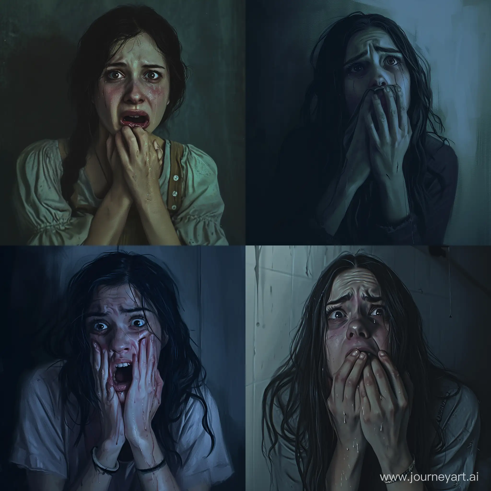Terrified crying woman portrait, hiding from danger, holding her mouth trying to keep quiet, fear on her face, digital art, 2d, horror movie vibes, dark anime style, muted colors, realistic, masterpiece