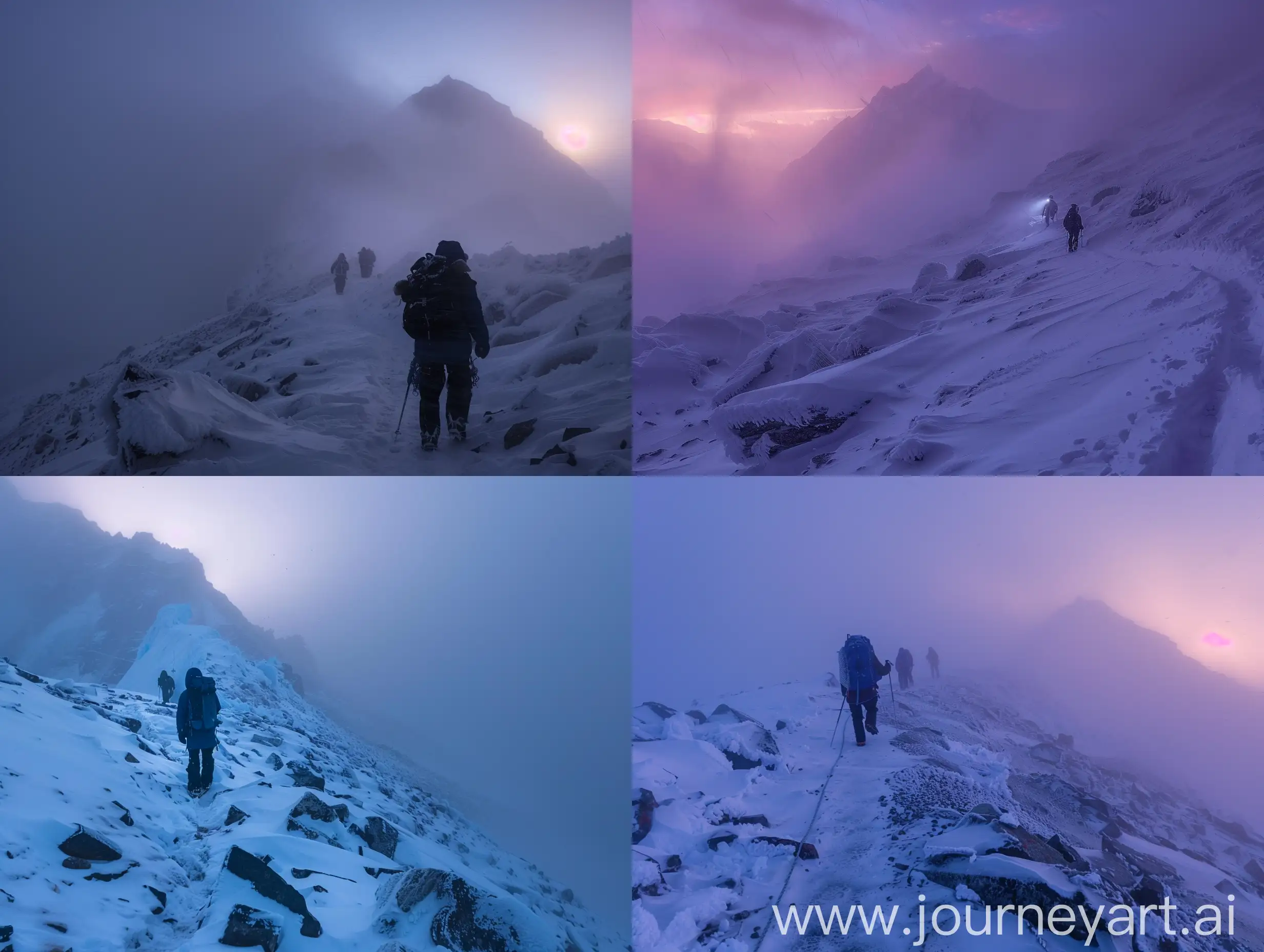 **twilight, snowstorm, visibility at 1m, tourist on the mountain trail to mount Everest, 2500 meters above sea level
