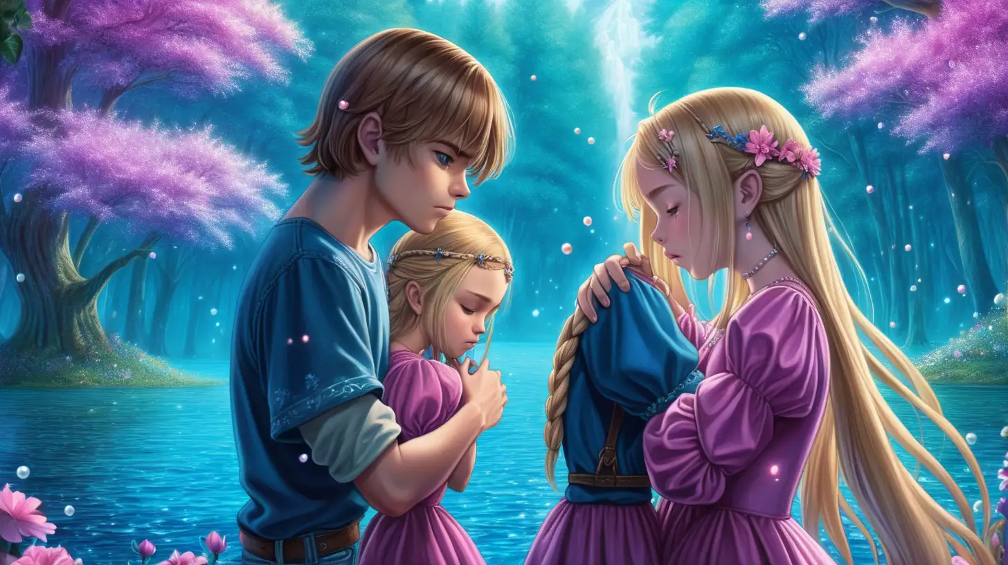 Teenage boy with brown-short-hair wearing t-shirt and jeans. Holding a sad long-hair-blonde girl wearing medieval beautiful pink dress, she's crying in his shoulder. Surrounded by blue and purple floral forest, 8K. Magical pearls floating out of bright-blue-lake