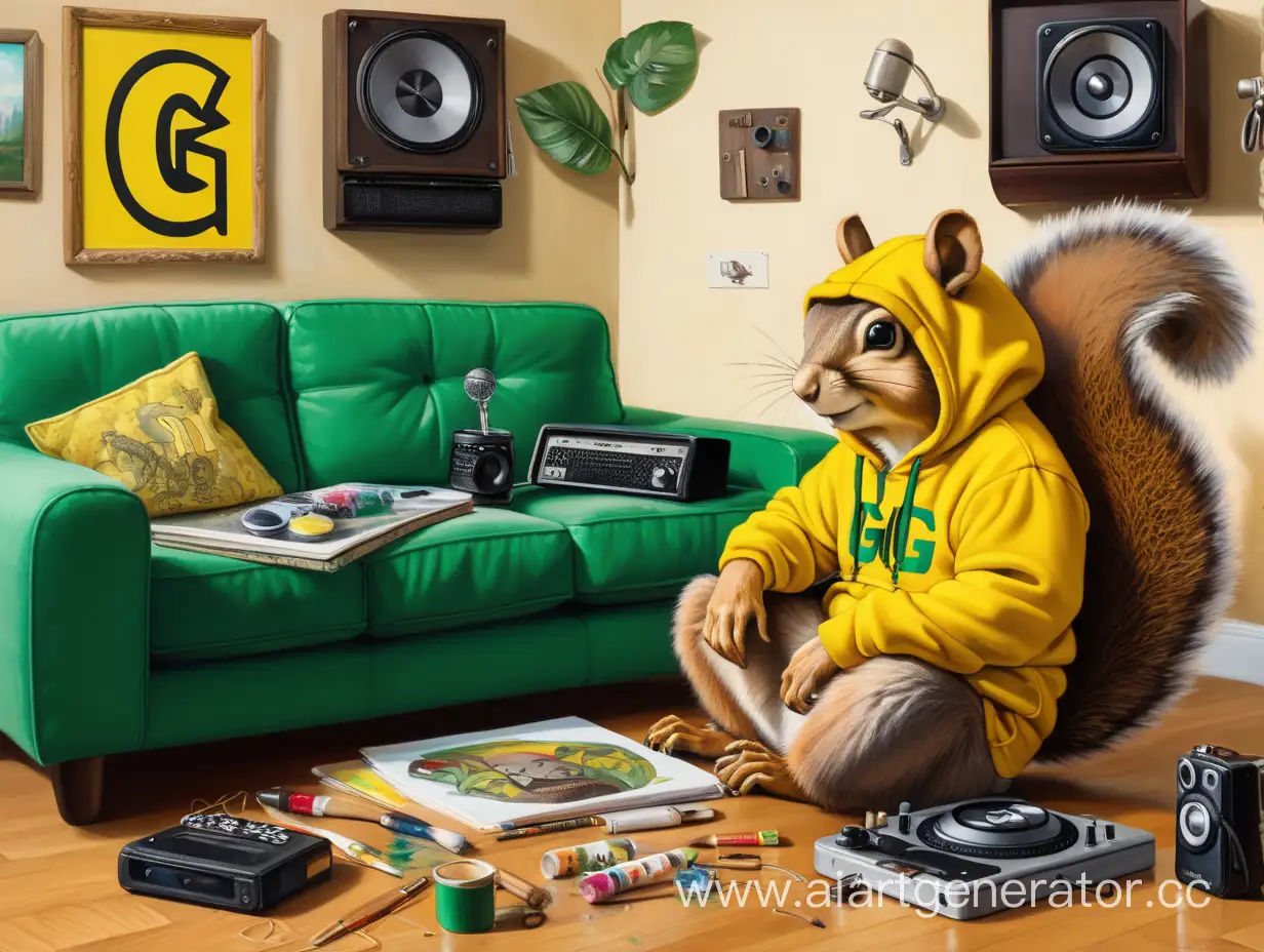 lofi boom bap hip-hop and painting gear scattered around a living room with a squirrel sitting on a green couch wearing a yellow hoodie, "G" on the wall