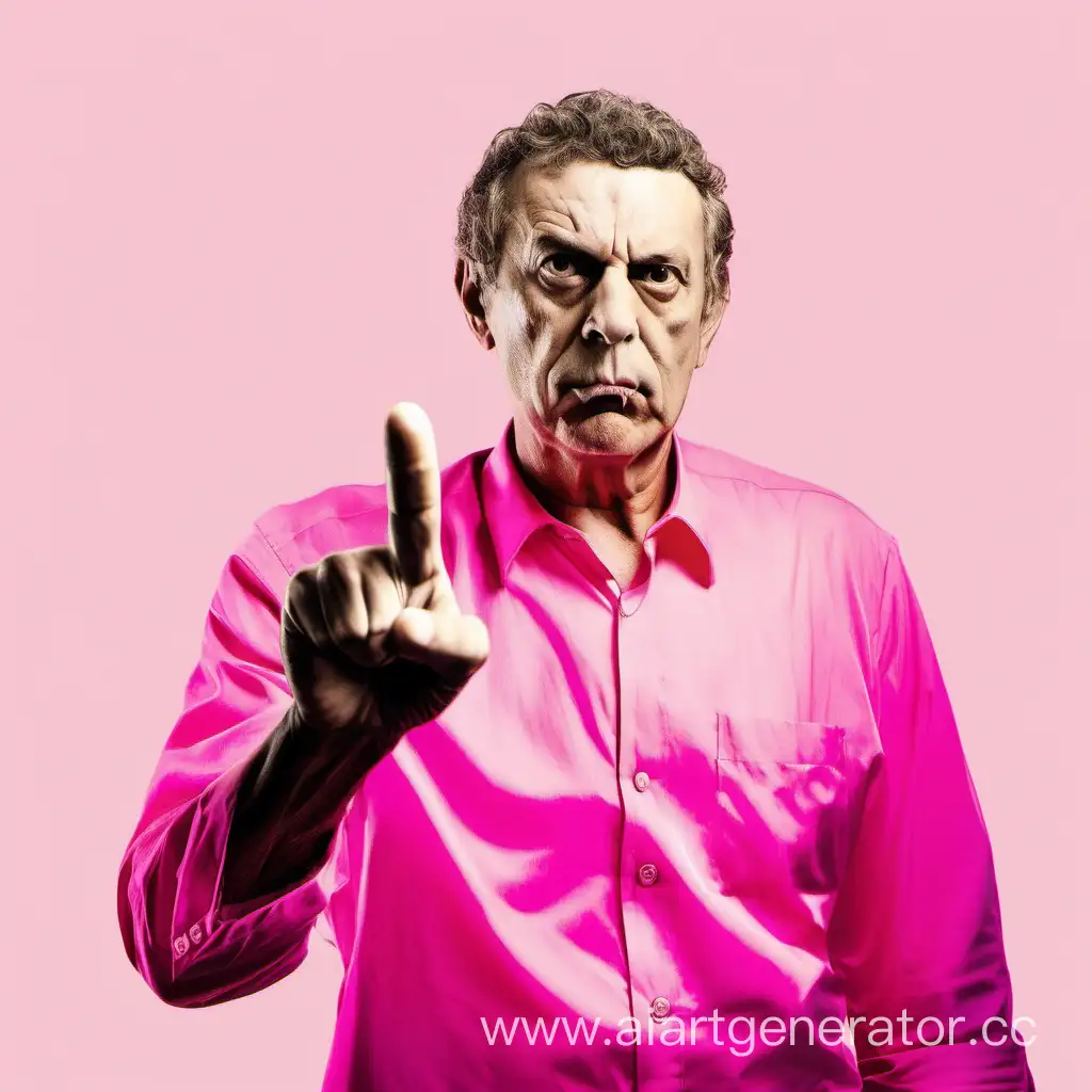 строгий мужчина в розовом машет указательным пальцем и говорит нет, запрещает что-то