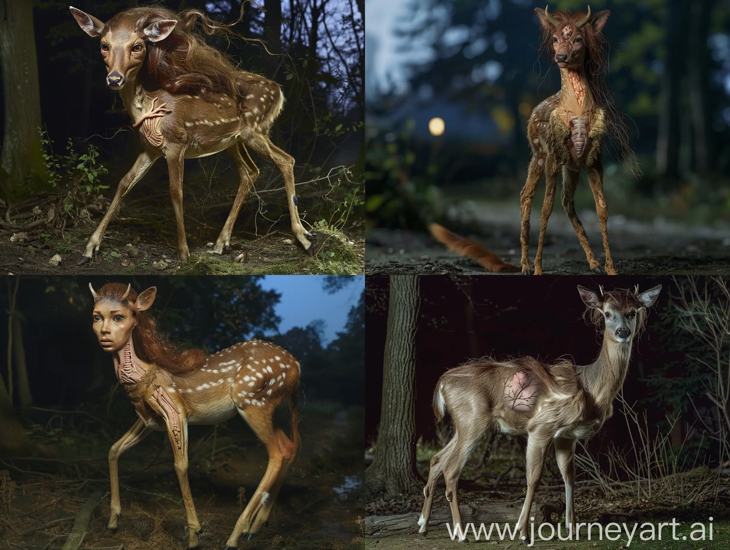 A deer. She has loose brown hair, a human face and a chest. She has hooves, horns and a tail. She is standing on all fours in a forest at night. She has hooves for feet. Realistic photograph, full body picture.