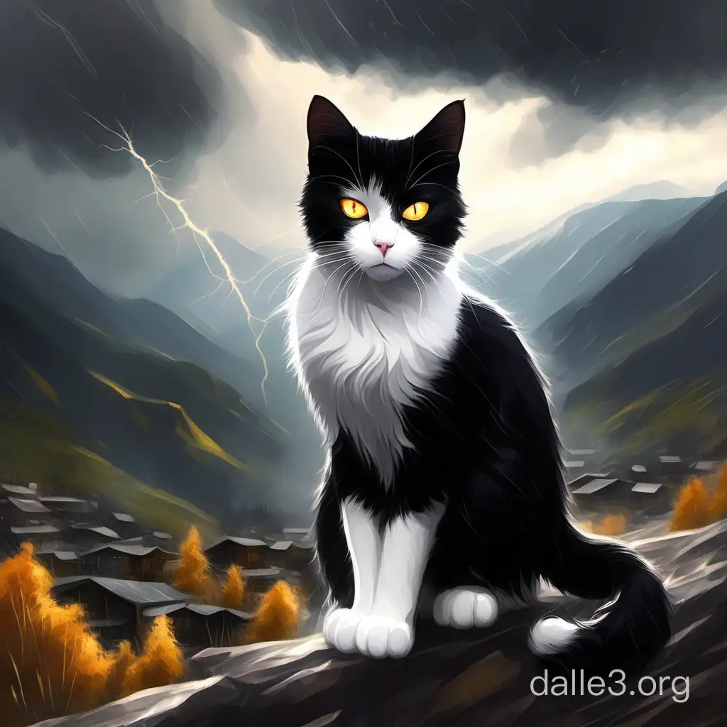 Черно-белая кошка с янтарными глазами. Миролюбивая и спокойна. В горах, бушует шторм