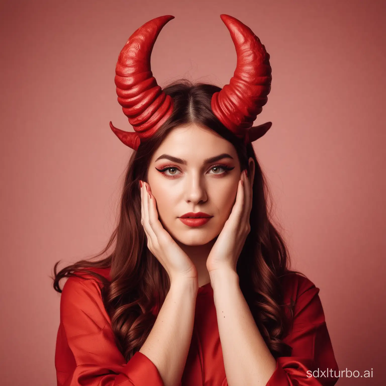 Take a photo of a woman who embodies the zodiac sign Taurus, with horns, in a red color scheme.