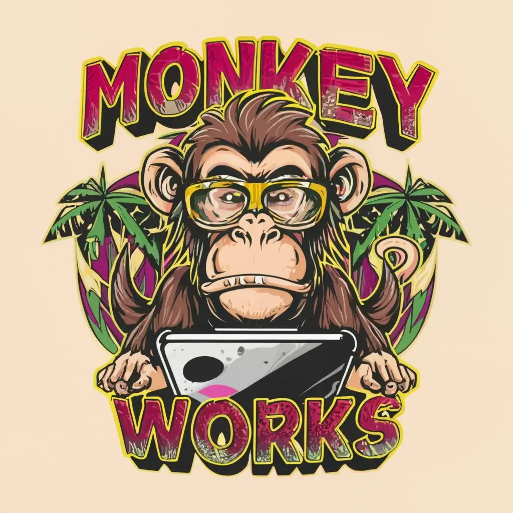 LOGO-Design-For-Monkey-Works-Clever-Monkey-with-Glasses-and-Laptop-Typography