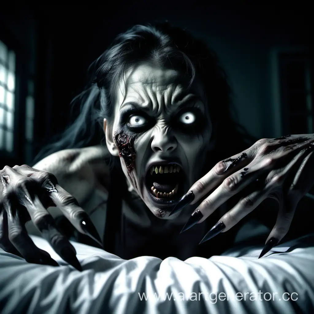  a horrifying nightmare scene of a zombie woman with long, curved black nails protruding from her fingers like menacing claws, her mouth is wide open, revealing a row of sharp, pointed teeth that resemble fangs. She lies on the bed, trying to catch the observer, the dark room has the atmosphere of a nightmare, only a faint light bursting through the window, hyper realism 