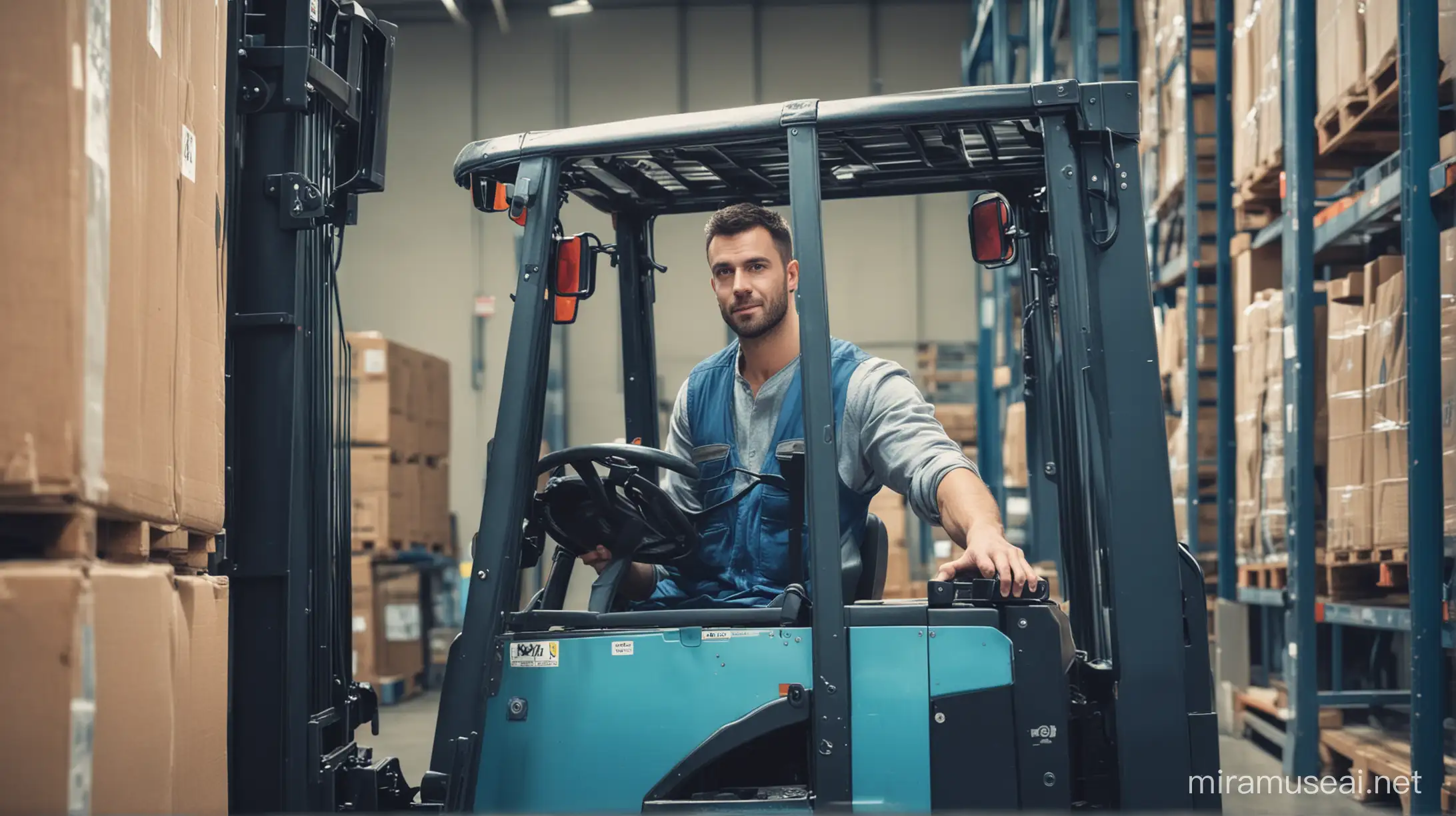 A european man, forklift operator at the warehouse. Blue tones