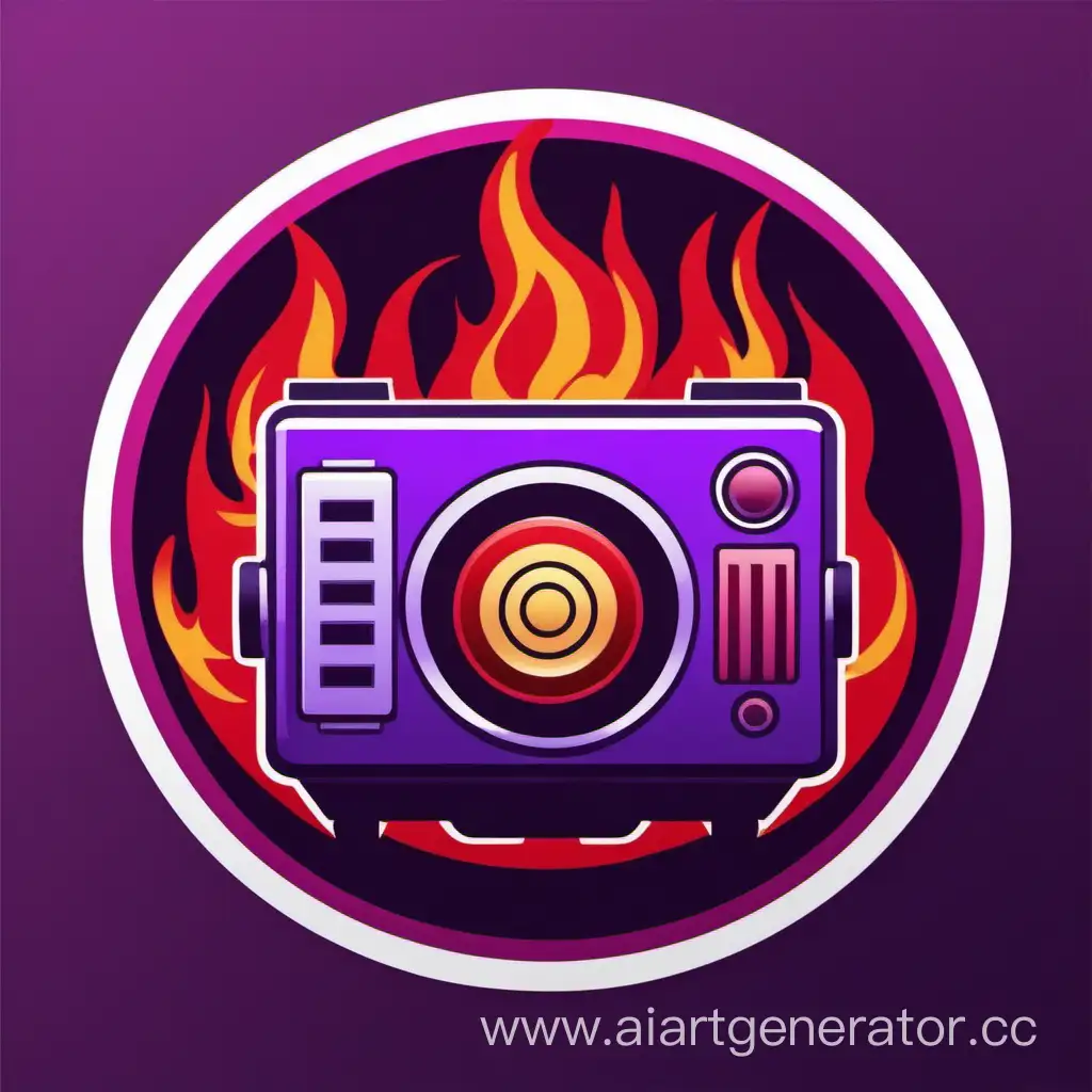 Curcle icon with purple and red fire with movie projector in the center