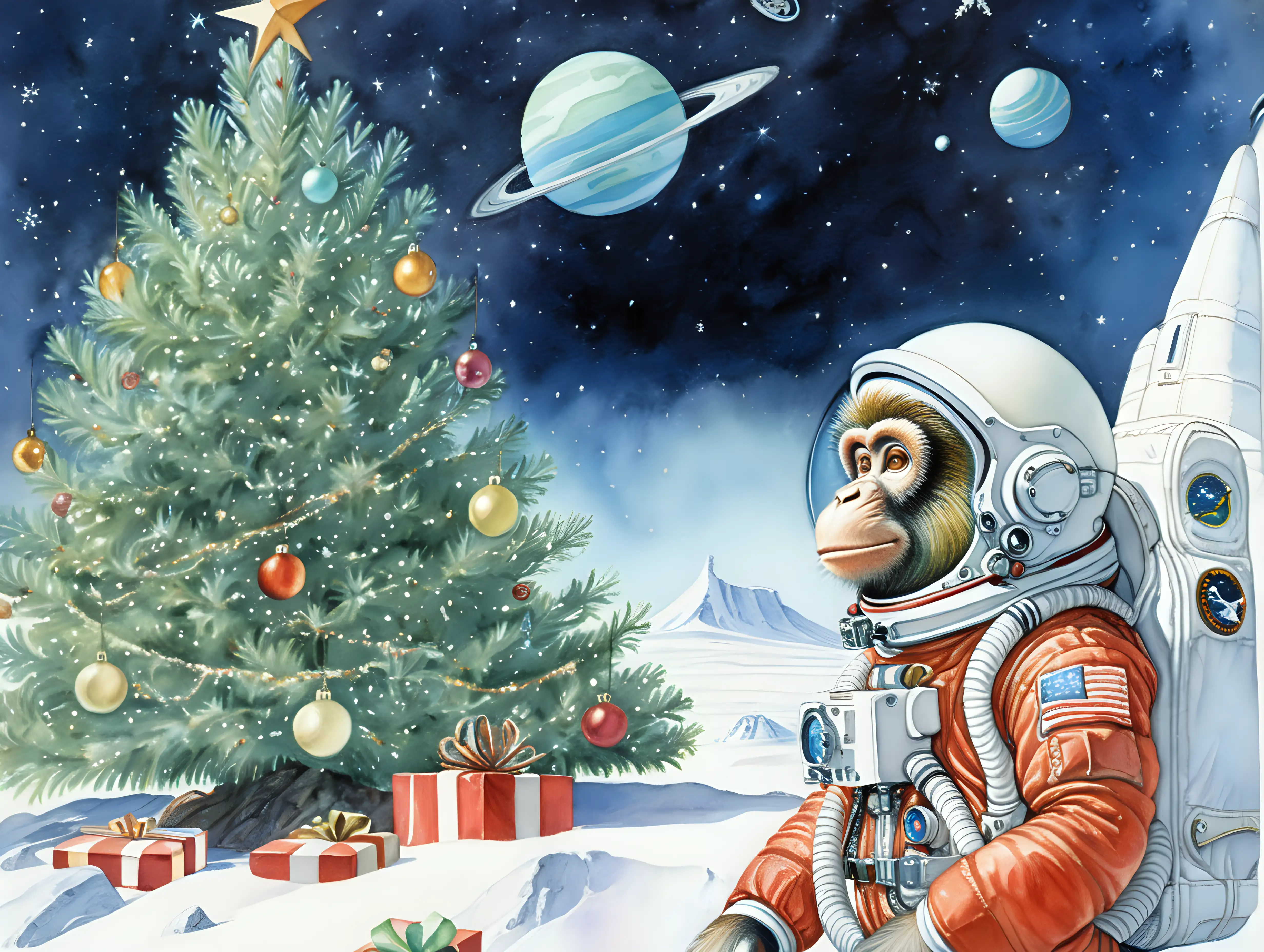 Ambiente espacial,mono astronauta,arbol de navidad, estilo Moebius, acuarela
