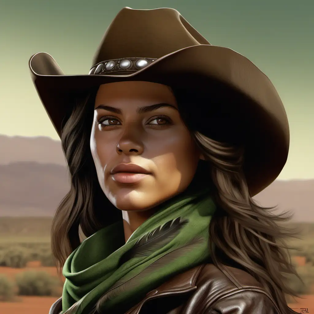 hyper realism, Cowgirl, oval head shape, soft jawline, light skin tone, clear skin, big wide nose, serious expression, shoulder length dark brown hair, hair down, hazel eyes, wear dark clothing, small green cotton scarf, wearing very small leather outback hat, large decorative feather on small hat
