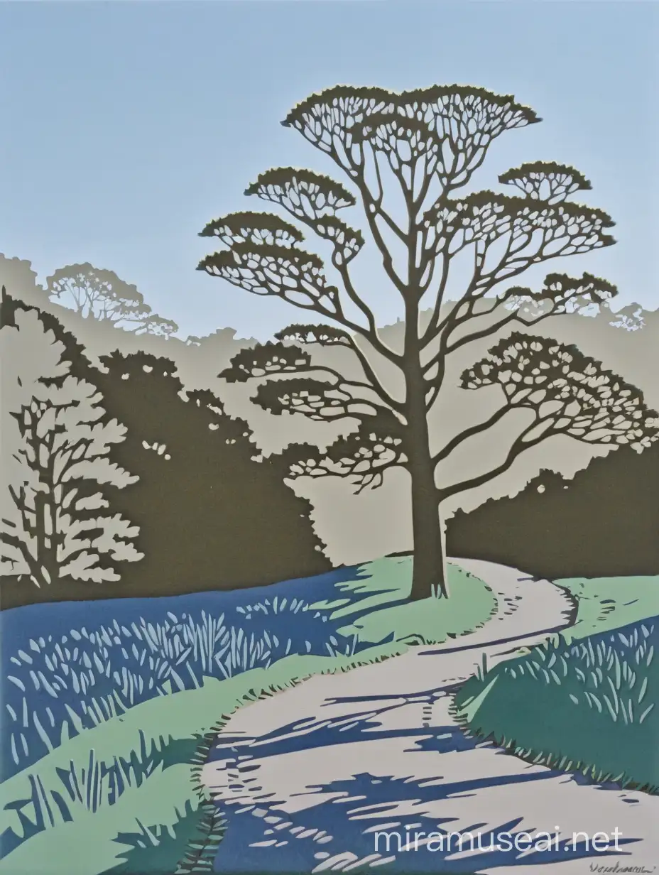 Serene Woodland Path Linocut Print