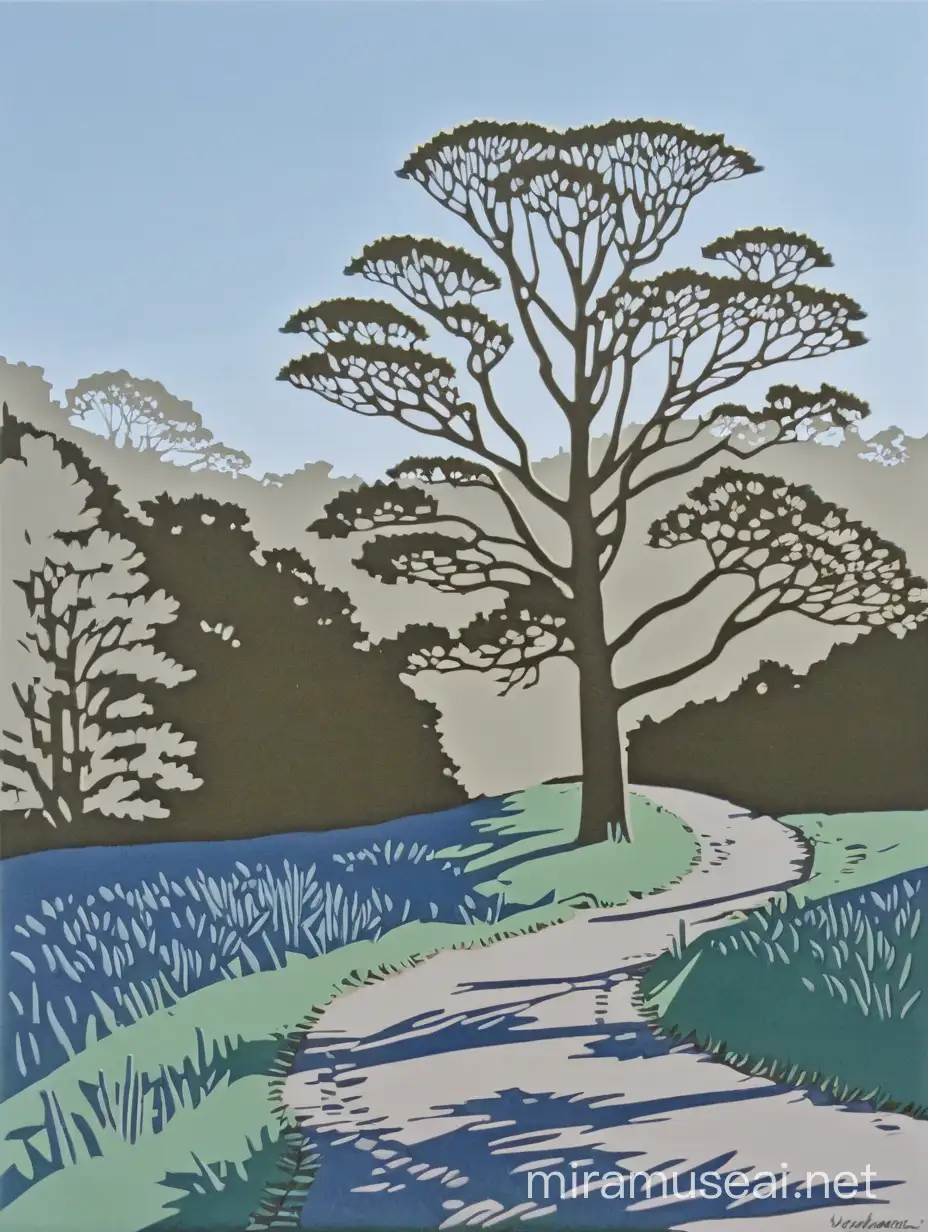 linocut of tree, path, woodland