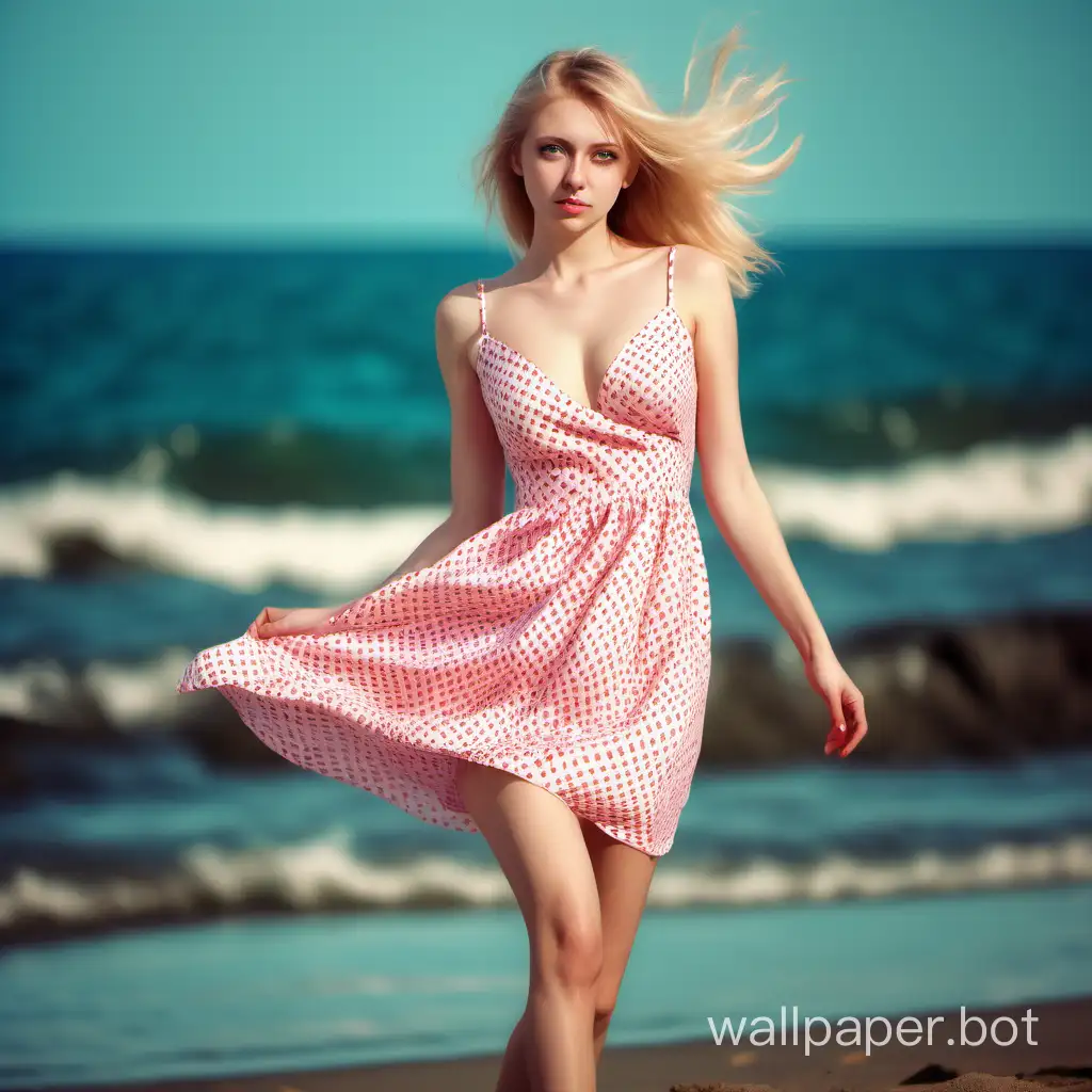 Girl, Russian, 25 years old, blonde, green eyes, full-length shot, in a short red and white dress with a pattern, straight hair blowing in the wind with pink tips, girl on a beach background with no people and blue sea, girl facing the light, large chest, girl posing, dress with a neckline