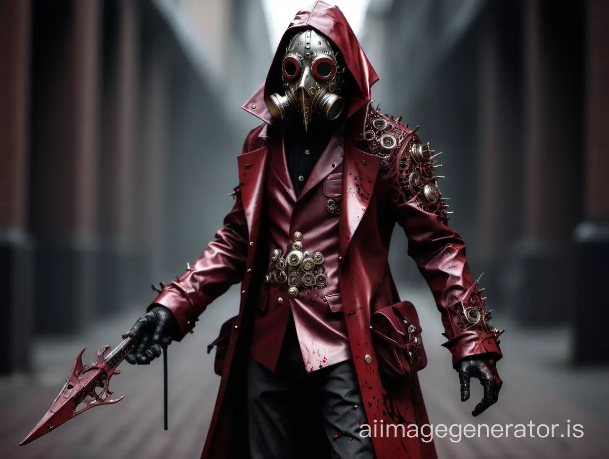 man with a coat and a plague mask made out of small intricate metal components. Bloody crimson color scheme
