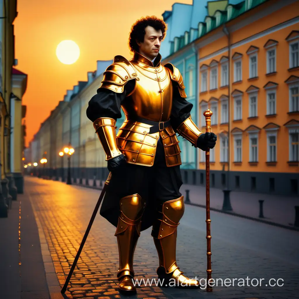 Санкт Петербург, в доспехах Пушкин,с тростью в руке,реалистично,фантастика,золотой цвет,чёрный,вечер,свет,оранжевый