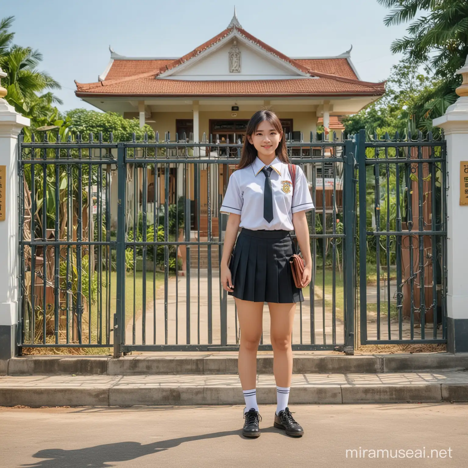Thai High School Couple Stands Together in Sunshine by School Gate