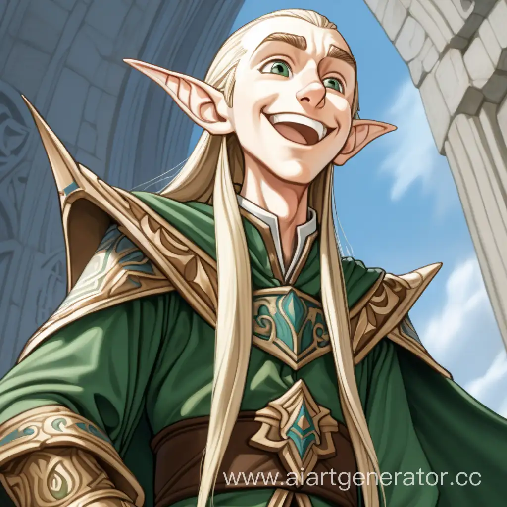 arrogant high-elf is looking down, laughing, mockingly, half-body shot, from the bottom looking up