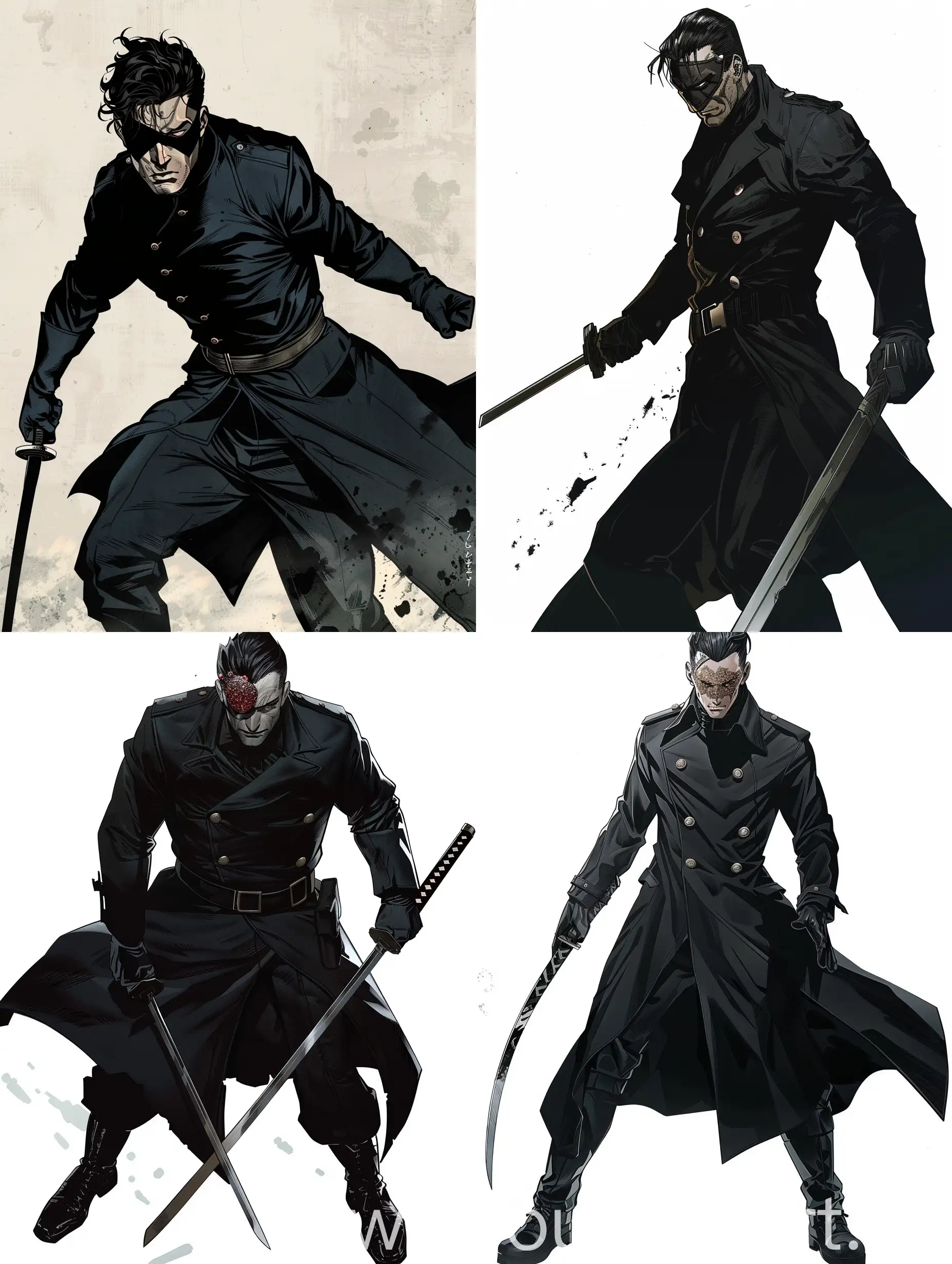 marvel comics, manga style, man in black coat, black uniform, half face mask, vibro sword, brutal pose