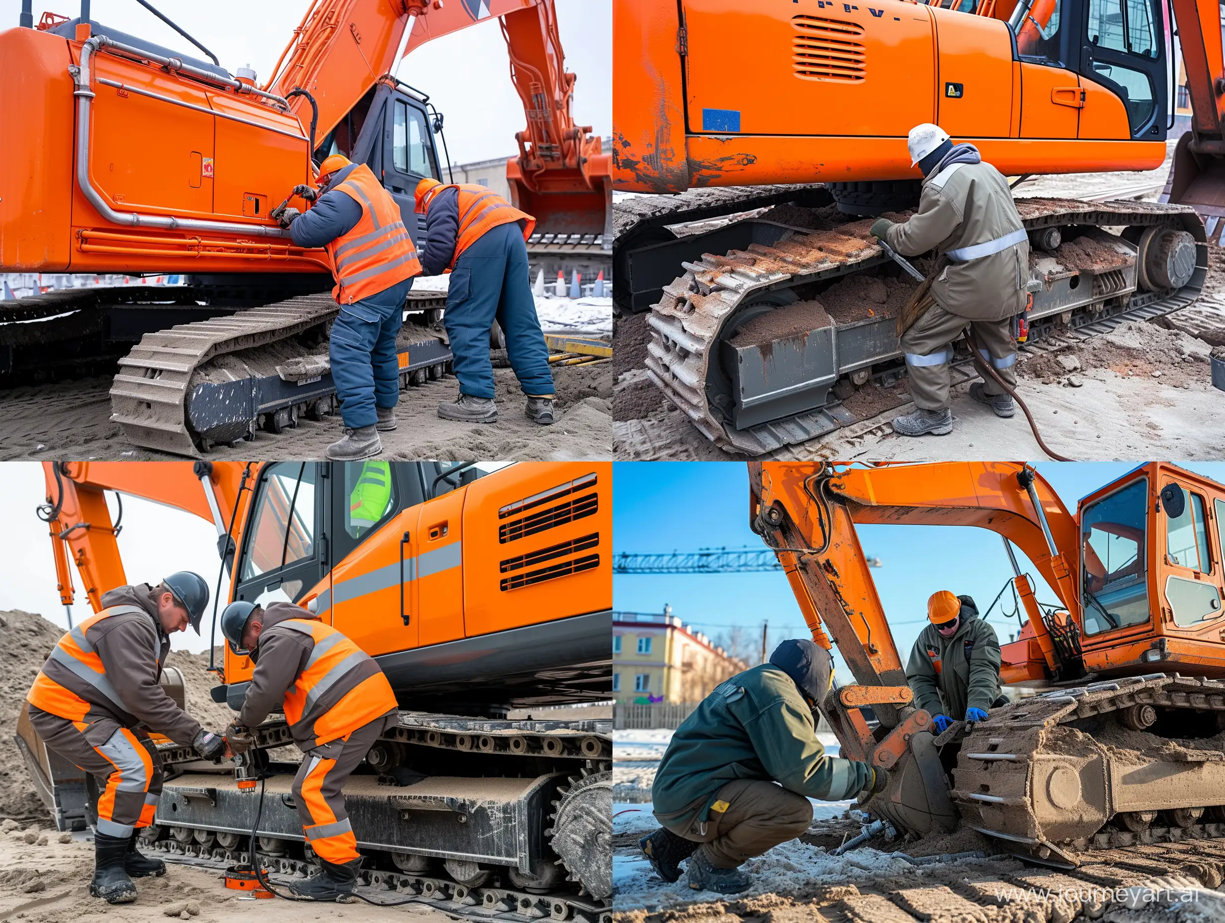 Skilled-Workers-in-Safety-Gear-Repairing-Bright-Orange-Excavator-on-Construction-Site