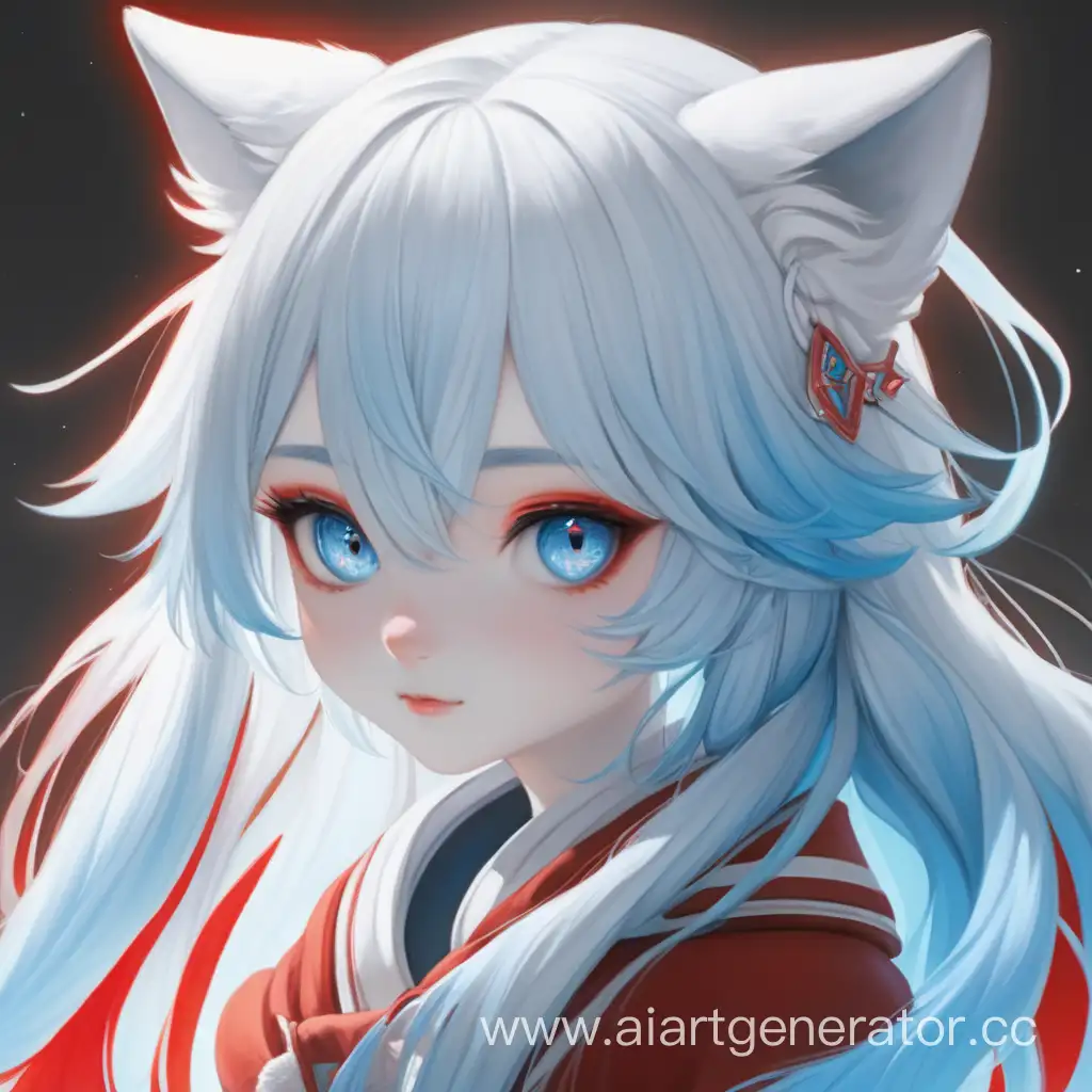 Девушка лиса с белыми волосами правы глаз ярко красный левый бледно голубой
