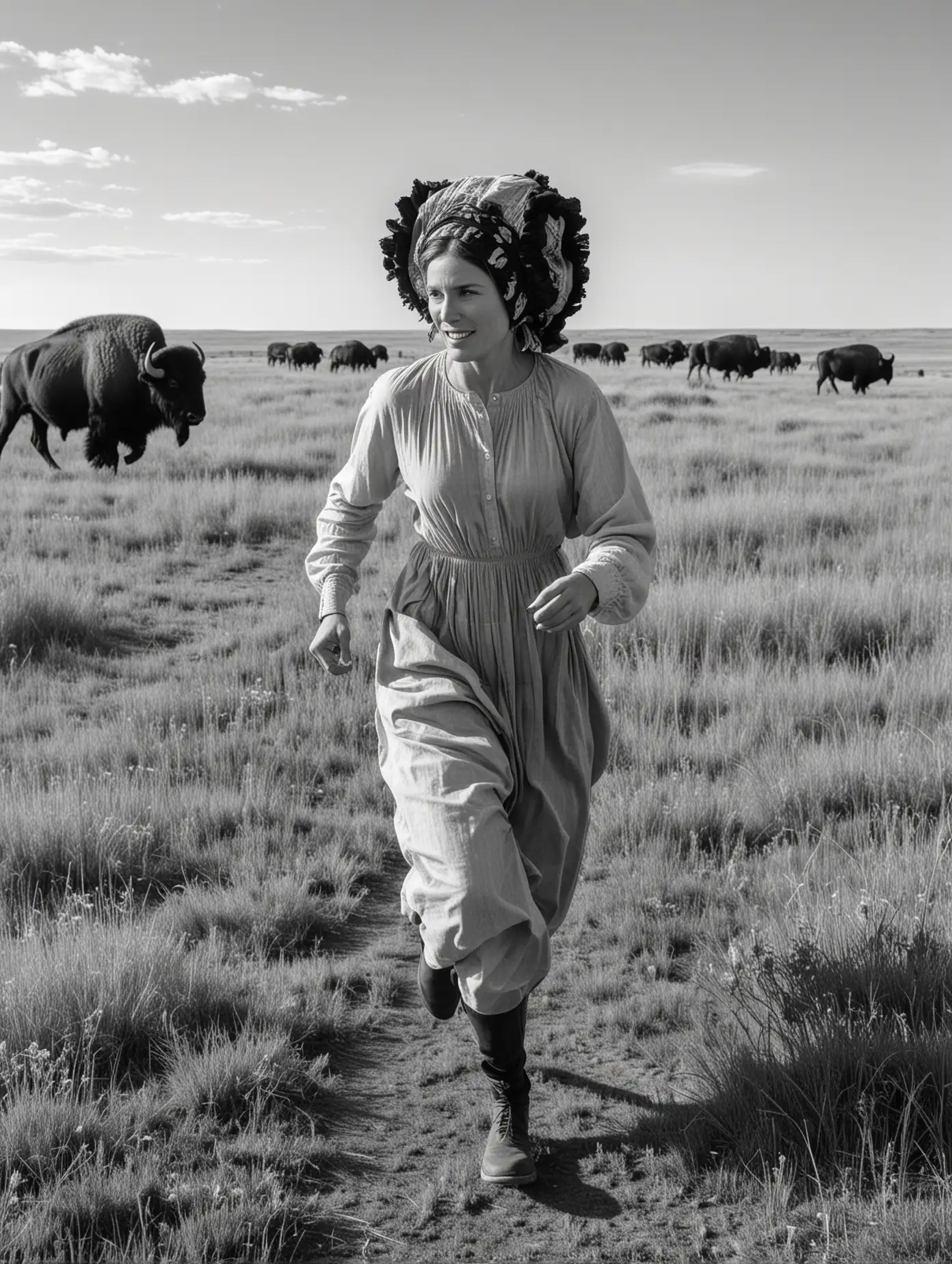 Pioneer Woman Running Amidst Buffalo Herd on Prairie