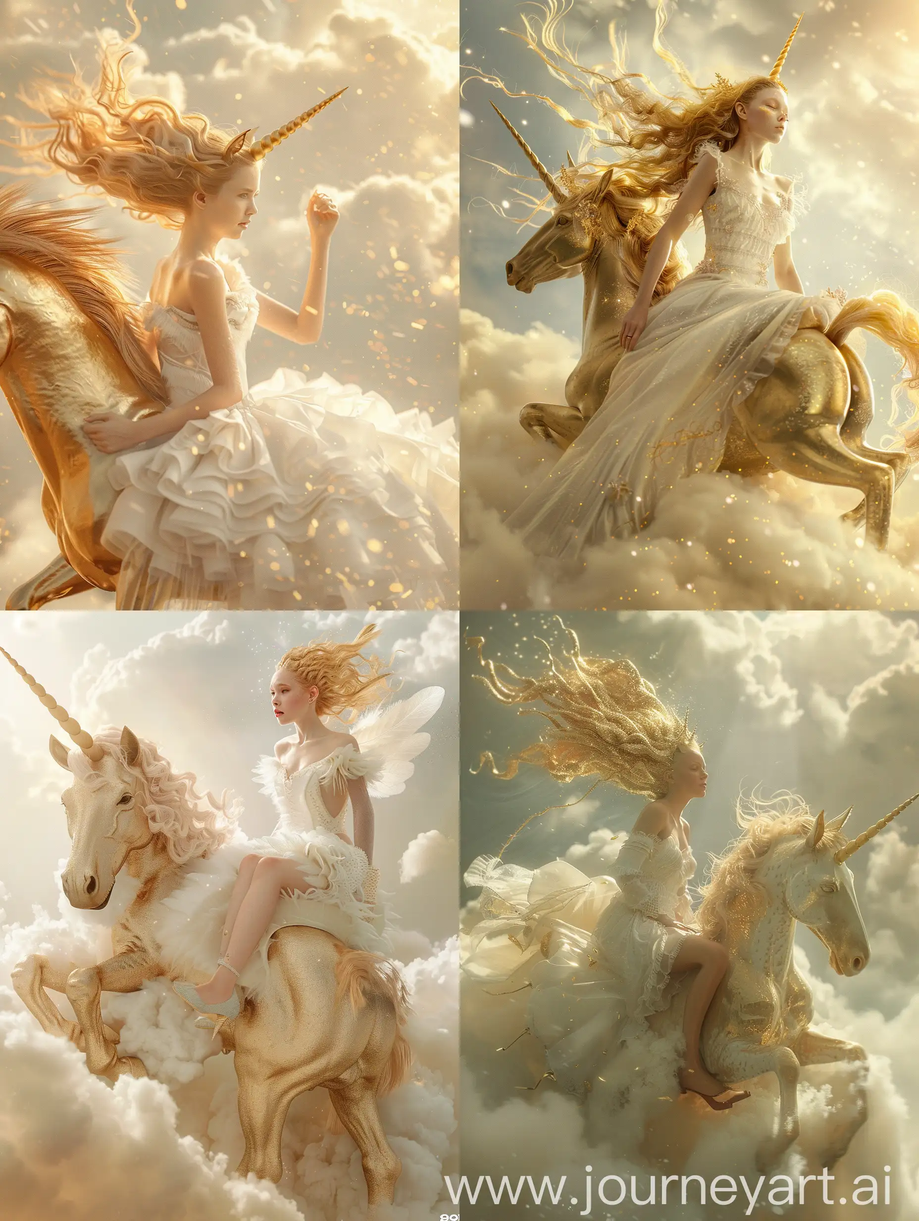 Девушка в белом фантастическом платье, летящие золотые волосы, сидит боком на золотом единороге, облака, 8k, дымка, ультодетализация, плёночная фотография, рассеяние света, тенденции на артстанции, резкий фокус, высокая детализация