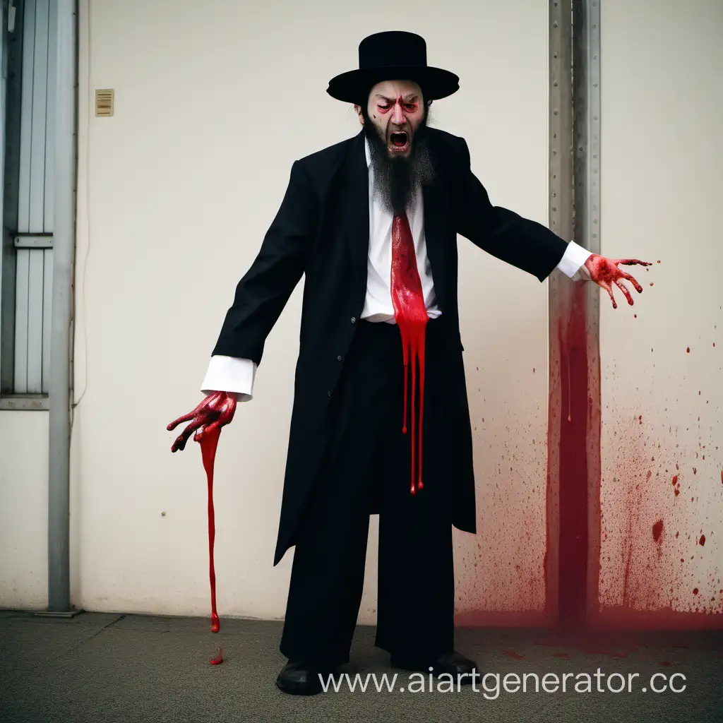an angry Japanese man dressed as a Hassidic jew with sidelocks spitting blood