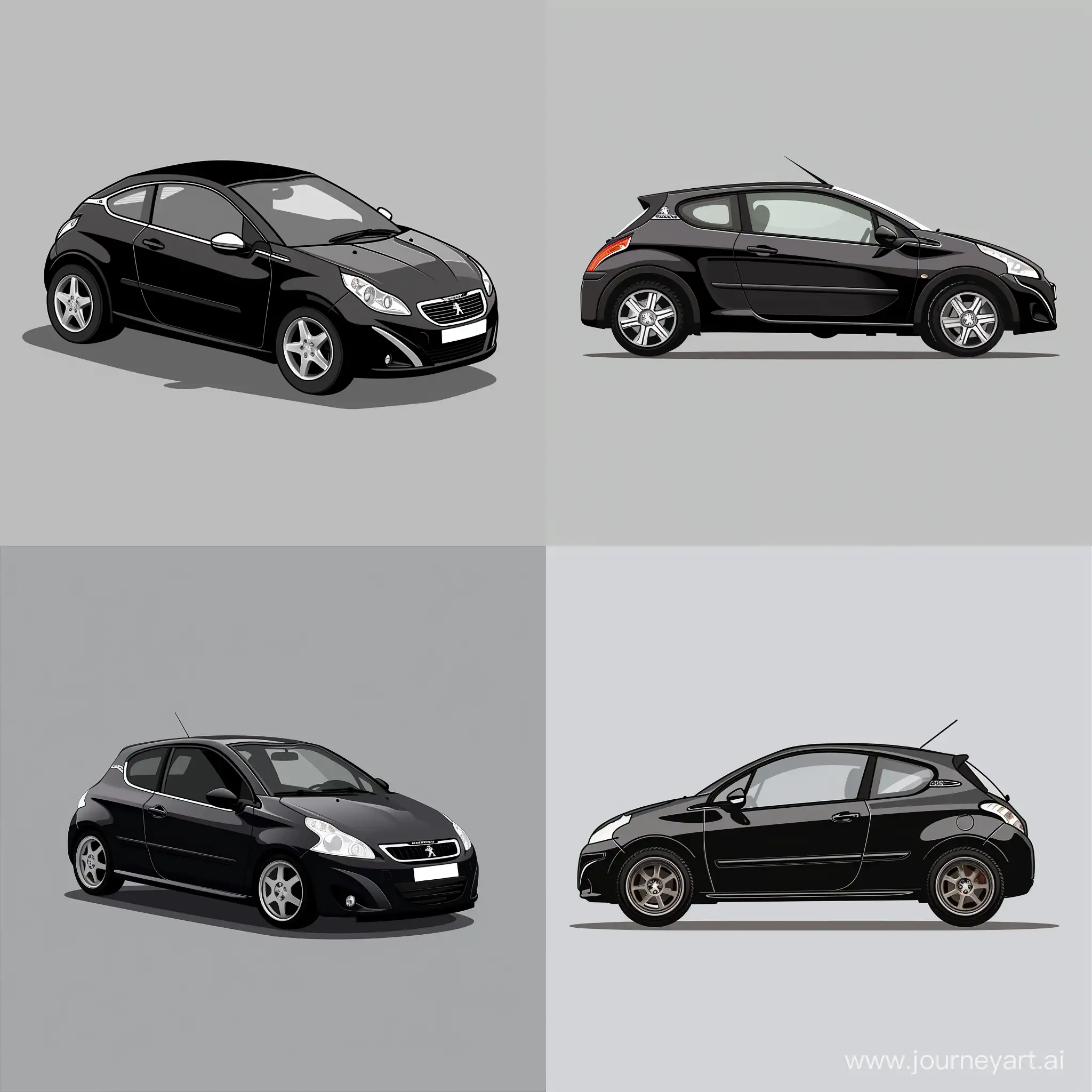 Minimalism 2D Car 2/3 View Illustration of: Black 206 Peugeot
, Simple Gray Background, Adobe Illustrator Software, High Precision