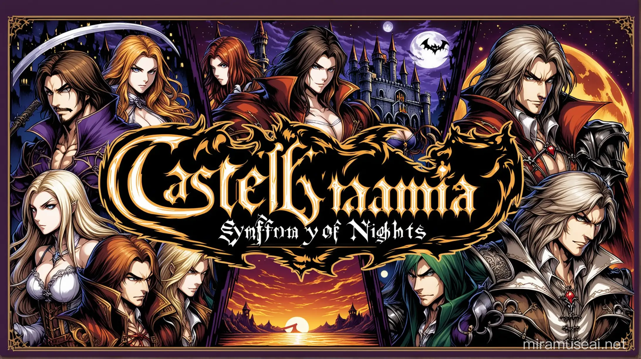 Propose moi une illustration du titre du jeu Castlevania Symfony of the nights adaptée à une borne d'arcade. Cette illustration doit comporter le nom du jeu et les personnages autour du titre. L'illustration doit coller au style de l'image ci-joint pour une taille similaire à une marque de borne d'arcade