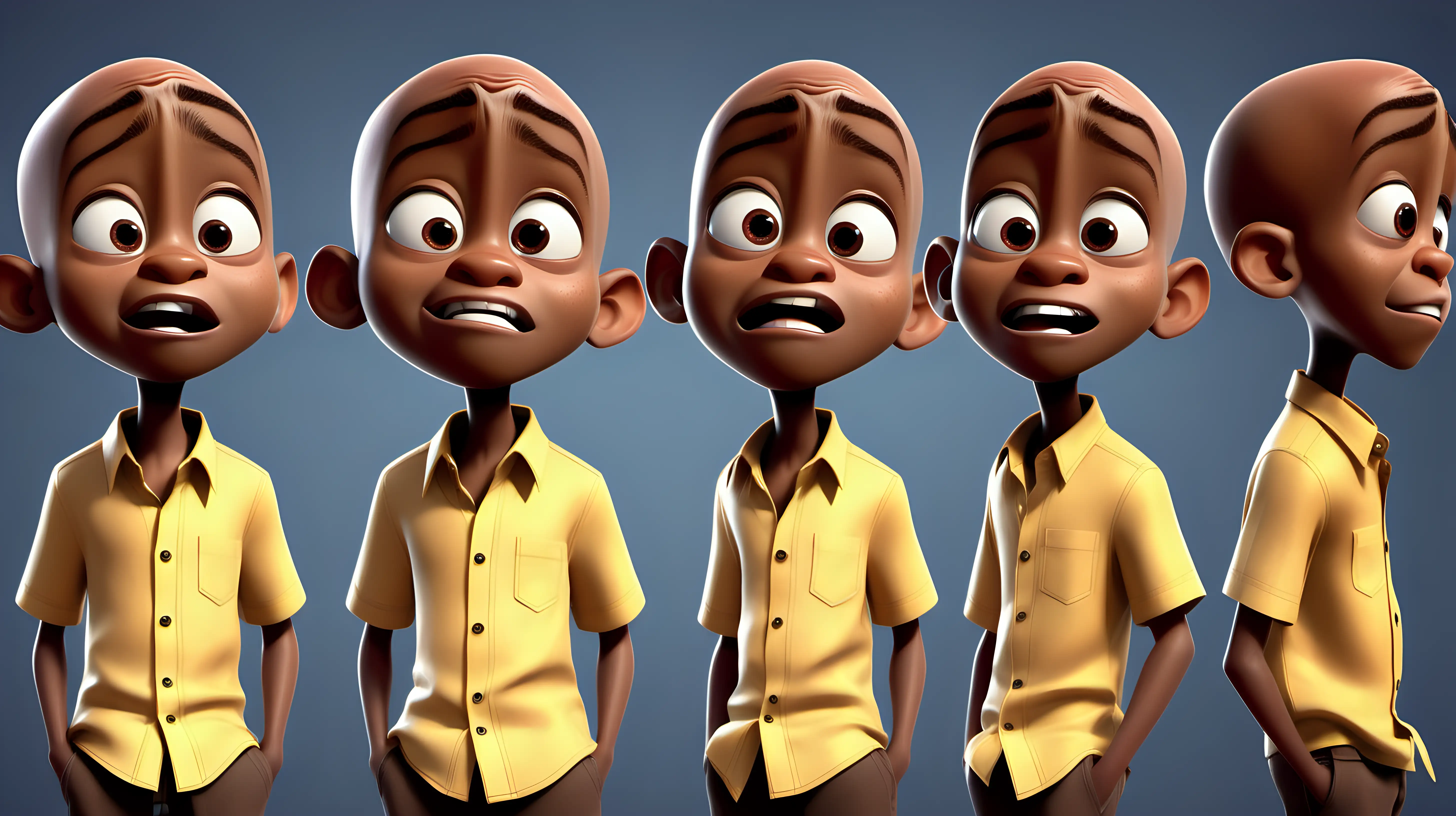pixar style African boy, bald, yellow button up shirt different facial expressions, multiple facial expressions character sheet