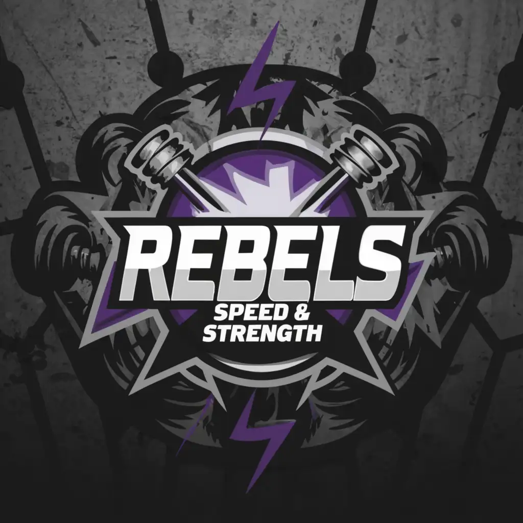 a logo design,with the text 'Rebels Speed & Strength', main symbol:Lightning, Weights, Purple, Black, Gray,Moderate,be used in Sports Fitness industry,clear background